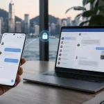Mobile messaging apps connecting smartphones and laptops in a digital communication environment.