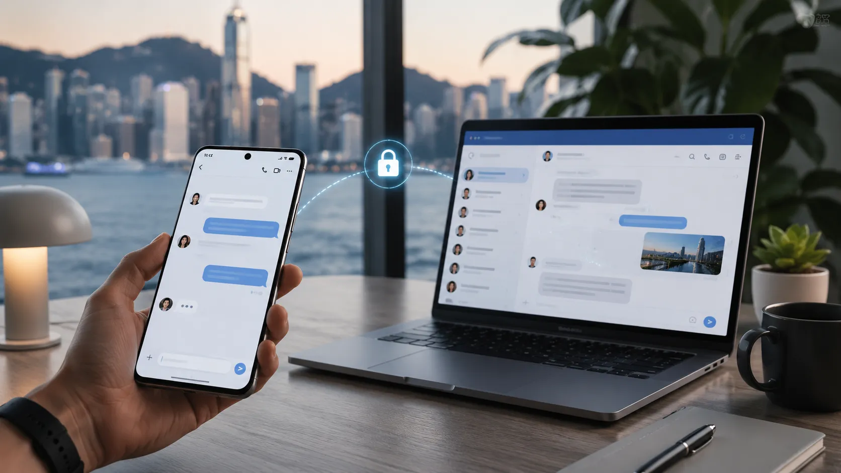 Mobile messaging apps connecting smartphones and laptops in a digital communication environment.